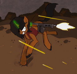 Size: 2144x2050 | Tagged: safe, artist:anonymous, derpibooru import, oc, oc only, pony, unicorn, fallout equestria, angry, clothes, dirt, female, gun, horn, mare, shooting, solo, solo female, unicorn oc, vest, wasteland, weapon