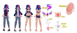 Size: 800x345 | Tagged: safe, artist:windywendy29, derpibooru import, twilight sparkle, human, alternate hairstyle, barefoot, belly button, black underwear, blazer, bra, clothes, coat, commission, denim, ear piercing, earring, feet, female, flats, humanized, jeans, jewelry, panties, pants, piercing, reference sheet, shirt, shoes, simple background, solo, tattoo, transparent background, underwear