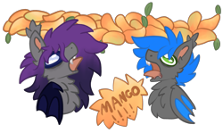 Size: 3313x1971 | Tagged: safe, artist:michini, derpibooru import, oc, oc:phantom melody, oc:prismarine gale, bat pony, pony, bat pony oc, couple, drool, duo, food, mango, screaming, silly, simple background, speech bubble, text, transparent background