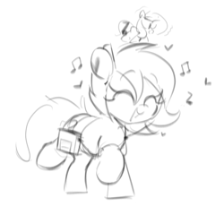Size: 2908x2789 | Tagged: safe, artist:parfait, ponerpics import, oc, oc:anon filly, earth pony, pony, dancing, eyes closed, female, filly, foal, mare, monochrome, music, open mouth, raised hoof, raised leg, simple background, walkman