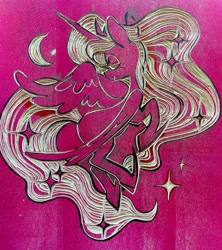 Size: 1818x2048 | Tagged: safe, artist:dawnfire, princess luna, alicorn, pony, crescent moon, crown, female, horn, jewelry, lidded eyes, linocut, mare, moon, regalia, solo, sparkles, spread wings, traditional art, wings