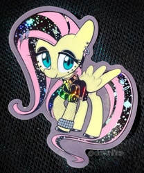 Size: 1500x1805 | Tagged: safe, artist:dawnfire, fluttershy, pegasus, pony, clothes, collar, ear piercing, earring, eyeshadow, female, fishnet stockings, fluttergoth, jewelry, makeup, mare, piercing, solo, spiked collar, spread wings, sticker, wings