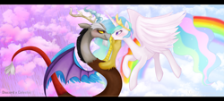 Size: 3369x1522 | Tagged: safe, artist:mn27, derpibooru import, discord, princess celestia, alicorn, draconequus, pony, blushing, chocolate, chocolate rain, crown, dislestia, duo, duo male and female, eye contact, eyebrows, female, flying, food, grin, high res, jewelry, looking at each other, looking at someone, male, mare, open mouth, profile, rain, rainbow, regalia, shipping, smiling, spread wings, straight, wings