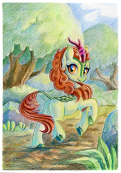 Size: 841x1200 | Tagged: safe, artist:maytee, derpibooru import, autumn blaze, kirin, awwtumn blaze, butt, colored pencil drawing, cute, female, forest, looking at you, looking back, looking back at you, path, plot, rock, smiling, solo, traditional art, tree