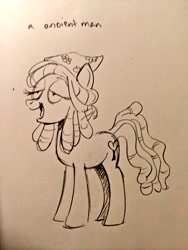 Size: 768x1024 | Tagged: safe, artist:mellodillo, derpibooru import, tree hugger, earth pony, pony, female, high, lidded eyes, mare, monochrome, open mouth, pencil drawing, solo, traditional art