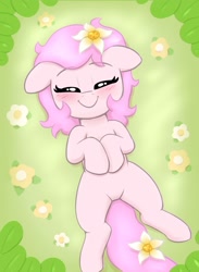 Size: 1341x1833 | Tagged: safe, artist:heretichesh, derpibooru import, oc, oc only, oc:kayla, earth pony, pony, blushing, comfy, cute, ears, eyes closed, featureless crotch, female, filly, floppy ears, flower, flower in hair, foal, lying down, ocbetes, on back, overhead view, smiling, solo