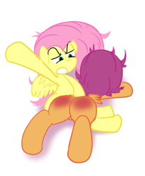 Size: 600x728 | Tagged: artist needed, safe, derpibooru import, fluttershy, scootaloo, pegasus, pony, /mlp/, 4chan, abuse, angry, butt, child abuse, discipline, duo, over the knee, plot, punishment, reddened butt, scootabutt, simple background, spank mark, spanking, white background