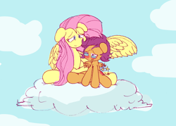 Size: 4200x3000 | Tagged: artist needed, safe, derpibooru import, fluttershy, scootaloo, pegasus, pony, /mlp/, 4chan, blushing, cloud, colored, comforting, crying, duo, hug, on a cloud, sitting, sitting on cloud, smiling, spank mark, spanked, tears of pain, traditional art, winghug, wings