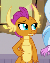 Size: 547x686 | Tagged: safe, derpibooru import, screencap, silverstream, smolder, classical hippogriff, dragon, hippogriff, season 8, the hearth's warming club, spoiler:s08, cropped, dragoness, female, hand on hip, offscreen character, smolder is not amused, unamused