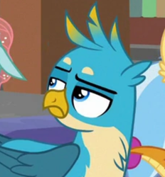 Size: 680x732 | Tagged: safe, derpibooru import, screencap, gallus, ocellus, smolder, changedling, changeling, dragon, griffon, what lies beneath, cropped, gallus is not amused, looking up, solo focus, unamused