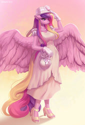 Size: 738x1083 | Tagged: safe, artist:margony, derpibooru import, princess cadance, alicorn, anthro, plantigrade anthro, breasts, clothes, dress, ears, female, floppy ears, gloves, gradient background, hat, high heels, jewelry, large wings, mare, milf, necklace, open-toed shoes, pearl necklace, princess cansdance, purse, shoes, solo, spread wings, toes, wings