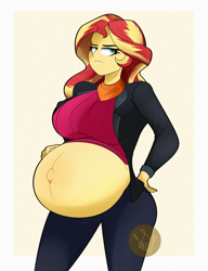Size: 2000x2600 | Tagged: safe, artist:diamondgreenanimat0, derpibooru import, sunset shimmer, comic:inner thoughts, equestria girls, belly, belly button, big belly, breasts, clothes, female, hand on hip, looking up, outie belly button, pregnant, red hair, redraw, simple background, sunset jiggler, sunset preggers, yellow hair