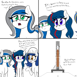 Size: 4037x4037 | Tagged: safe, artist:seafooddinner, derpibooru import, oc, oc only, oc:boeingpone, oc:nasapone, oc:ulapone, earth pony, pony, 4 panel comic, clothes, comic, dialogue, female, glasses, hard hat, hat, mare, rocket, simple background, sls