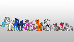 Size: 1920x1080 | Tagged: safe, artist:platinumdrop, derpibooru import, apple bloom, princess celestia, princess luna, scootaloo, sweetie belle, oc, oc:asteroid angus, oc:tarka dal, cutie mark crusaders, dancing, gradient background, request, simple background