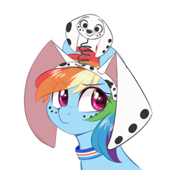 Size: 670x653 | Tagged: safe, artist:higglytownhero, derpibooru import, rainbow dash, pegasus, pony, 101 dalmatian street, 101 dalmatians, bust, clothes, collar, cosplay, costume, cute, dog ears, dolly (101 dalmatian street), portrait, simple background, solo, white background