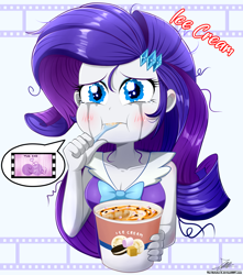 Size: 2408x2720 | Tagged: safe, artist:the-butch-x, derpibooru import, rarity, equestria girls, arms, bowtie, breasts, bust, cleavage, clothes, comfort eating, crying, cute, eating, eyelashes, fingers, food, frown, hairpin, hand, holding, ice cream, long hair, makeup, marshmelodrama, messy hair, movie, raribetes, rarity being rarity, sad, sadorable, sleeveless, spoon, standing, teenager, watching