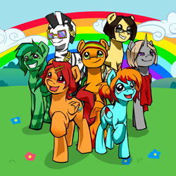 Size: 1969x1969 | Tagged: safe, artist:mraccoon, derpibooru import, oc, oc only, oc:alios, oc:chaos angel, earth pony, pegasus, pony, unicorn, zebra, beanie, bronikoni, clothes, group, hat, jewelry, rainbow, scarf