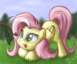 Size: 1800x1500 | Tagged: safe, artist:bessovestniy, derpibooru import, fluttershy, insect, ladybug, pegasus, pony, cute, daaaaaaaaaaaw, face down ass up, female, looking at something, mare, open mouth, shyabetes, solo