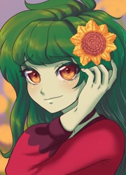 Size: 900x1250 | Tagged: safe, artist:rileyav, derpibooru import, wallflower blush, equestria girls, blushing, cute, female, flower, flower in hair, flowerbetes, looking at you, smiling, smiling at you, solo, sunflower