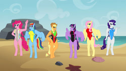 Size: 1280x722 | Tagged: safe, artist:mlp-headstrong, derpibooru import, applejack, fluttershy, pinkie pie, rainbow dash, rarity, twilight sparkle, twilight sparkle (alicorn), alicorn, anthro, pegasus, unicorn, beach, clothes, mane six, one-piece swimsuit, requested art, smiling, swimsuit