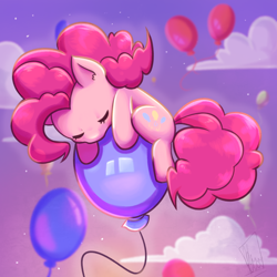Size: 2000x2000 | Tagged: safe, artist:fluterloo, derpibooru import, pinkie pie, earth pony, pony, balloon, chibi, cloud, cute, diapinkes, ear fluff, ears, eyes closed, female, floating, high res, mare, ponk, sky, sleeping, solo, then watch her balloons lift her up to the sky