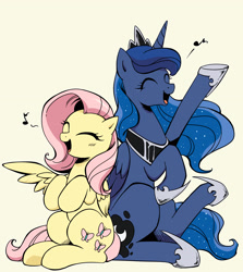 Size: 2870x3224 | Tagged: safe, artist:yukandasama, derpibooru import, fluttershy, princess luna, alicorn, pegasus, pony, back to back, cute, duo, duo female, eyes closed, female, folded wings, high res, lunabetes, mare, music notes, open mouth, shyabetes, simple background, singing, sitting, spread wings, white background, wings