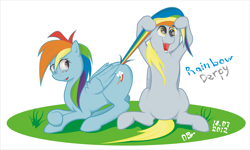 Size: 10824x6475 | Tagged: safe, artist:bessovestniy, derpibooru import, derpy hooves, rainbow dash, pegasus, pony, duo, open mouth, open smile, smiling, tail, tail pull