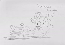 Size: 2048x1414 | Tagged: safe, artist:horsewizardart, derpibooru import, trixie, pony, unicorn, female, food, grayscale, kitchen eyes, mare, monochrome, pencil drawing, sandwich, sketch, solo, text, tongue, tongue out, traditional art