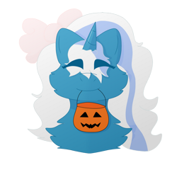 Size: 500x500 | Tagged: safe, artist:nerdy-katt, derpibooru import, oc, oc:fleurbelle, alicorn, alicorn oc, bow, eyes closed, female, hair bow, horn, mare, mouth hold, pumpkin bucket, simple background, transparent background, wings