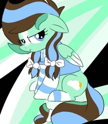 Size: 568x650 | Tagged: safe, derpibooru import, oc, oc only, oc:mint sky, pegasus, bow, clothes, grimace, hair bow, hoodie, hooves, nervous, one ear down, pegasus oc, sitting, socks, solo, striped socks