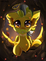 Size: 820x1075 | Tagged: safe, artist:yuris, derpibooru import, oc, oc only, firefly (insect), insect, pegasus, pony, commission, cute, forest, hollow, orange eyes, smiling, solo, wood, ych result, yellow skin