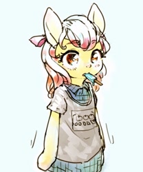 Size: 999x1200 | Tagged: safe, artist:tongue_reckless, derpibooru import, apple bloom, earth pony, semi-anthro, clothes, female, filly, foal, food, ice cream, shirt, simple background, solo, t-shirt, white background