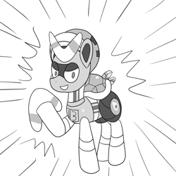 Size: 2000x2000 | Tagged: safe, artist:trackheadtherobopony, derpibooru import, oc, oc:trackhead, pony, robot, robot pony, boomerang, boomerang bro, helmet, monochrome, power-up, shell, solo, super mario bros.