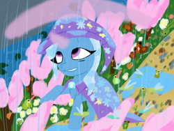 Size: 2048x1536 | Tagged: safe, artist:the crystal artist, derpibooru exclusive, derpibooru import, trixie, dragonfly, frog, insect, pony, unicorn, cape, cherry blossoms, clothes, female, flower, flower blossom, glowing, glowing horn, hat, horn, mare, puddle, rain, trixie's cape, trixie's hat, water, wet, wet mane