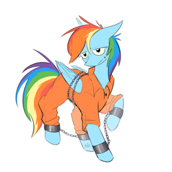 Size: 2000x2000 | Tagged: safe, artist:imd00g, derpibooru import, rainbow dash, bound wings, clothes, commission, cuffs, never doubt rainbowdash69's involvement, prison outfit, prisoner, prisoner rd, simple background, solo, white background, wings