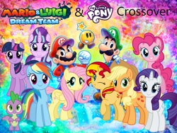 Size: 3000x2250 | Tagged: safe, artist:aaliyah_rosado, artist:jhayarr23, artist:meganlovesangrybirds, artist:user15432, derpibooru import, applejack, fluttershy, pinkie pie, rainbow dash, rarity, spike, starlight glimmer, sunset shimmer, twilight sparkle, twilight sparkle (alicorn), alicorn, dragon, earth pony, human, pegasus, pony, unicorn, barely pony related, colored background, crossover, looking at you, luigi, mane eight, mane seven, mane six, mario, mario & luigi, mario & luigi: dream team, my little pony logo, one eye closed, rainbow background, smiling, smiling at you, sparkly background, starlow, super mario bros., wink, winking at you