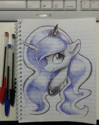 Size: 918x1158 | Tagged: safe, artist:whiskeypanda, derpibooru import, princess luna, alicorn, pony, ballpoint pen, bust, crown, doodle, jewelry, lined paper, looking at you, notepad, paper, regalia, sketch, smiling, solo, traditional art