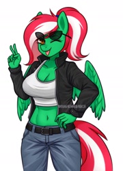 Size: 1597x2215 | Tagged: safe, artist:handgunboi, derpibooru import, oc, oc only, anthro, pegasus, pony, belly button, clothes, commission, jacket, leather jacket, midriff, pegasus oc, simple background, solo, white background