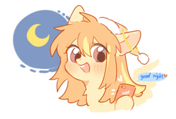 Size: 721x487 | Tagged: safe, artist:dreamsugar, derpibooru import, oc, oc only, pony, cellphone, crescent moon, female, good night, hat, heart, hoof hold, looking at something, moon, night, open mouth, open smile, phone, simple background, smartphone, smiling, solo, speech bubble, white background