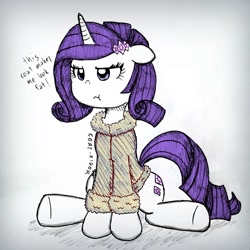 Size: 2364x2364 | Tagged: safe, artist:core-ridor, derpibooru import, rarity, pony, unicorn, clothes, coat, hairpin, high res, pouting, sitting, solo, traditional art