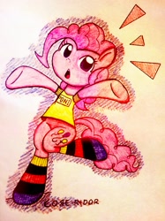 Size: 1823x2431 | Tagged: safe, artist:core-ridor, derpibooru import, pinkie pie, earth pony, pony, bipedal, clothes, open mouth, running, shirt, socks, solo, striped socks, t-shirt, traditional art