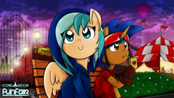 Size: 4444x2500 | Tagged: safe, artist:core-ridor, derpibooru import, oc, oc only, oc:jumper blink, oc:sapphire breeze, pegasus, pony, unicorn, :t, amusement park, bench, clothes, duo, high res, hoodie, juice, juice box