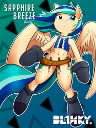 Size: 3000x4000 | Tagged: safe, artist:core-ridor, derpibooru import, oc, oc only, oc:sapphire breeze, pegasus, semi-anthro, abstract background, belt, boots, clothes, female, high res, outline, shoes, solo, tanktop, watermark