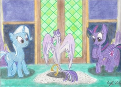 Size: 1744x1264 | Tagged: safe, artist:opti, derpibooru import, starlight glimmer, trixie, twilight sparkle, twilight sparkle (alicorn), alicorn, phoenix, pony, unicorn, ash, hallway, implied transformation, magical mishap, oops, species swap, spell gone wrong, traditional art, twilight's castle