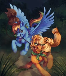 Size: 927x1080 | Tagged: safe, artist:yashyer, derpibooru import, applejack, rainbow dash, earth pony, pegasus, pony, accessory theft, applejack's hat, clothes, cowboy hat, duo, female, hat, hat off, lasso, mare, mouth hold, rope