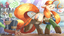 Size: 2133x1200 | Tagged: safe, artist:nignogs, derpibooru import, oc, oc:anon, oc:nordpone, breezie, earth pony, armor, female, kidnapped, male, mare, reversed gender roles equestria, reversed gender roles equestria general, sweat, sword, tail, tail wrap, talking, walking, weapon