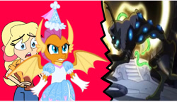 Size: 1536x887 | Tagged: safe, artist:darlycatmake, derpibooru import, megan williams, smolder, dragon, angry, beast, clothes, cute, defending, dragon wings, dragoness, dress, female, froufrou glittery lacy outfit, glare, gloves, gritted teeth, hat, hennin, long gloves, mama bear, princess, princess smolder, protecting, ready to fight, scared, smolderbetes, spread wings, story included, surprised, teeth, wings, worried