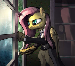 Size: 3226x2836 | Tagged: safe, artist:ciborgen, derpibooru import, fluttershy, pegasus, pony, bipedal, female, fluttergoth, high res, mare, solo, window