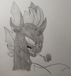 Size: 2415x2568 | Tagged: safe, artist:princess amity, derpibooru exclusive, derpibooru import, oc, oc only, oc:identity crisis, changeling, bust, changeling oc, cigarette, fangs, grayscale, grin, monochrome, pencil drawing, portrait, sharp teeth, simple background, smiling, smoke, smoking, solo, teeth, traditional art