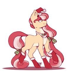 Size: 2028x2000 | Tagged: safe, alternate version, artist:prettyshinegp, derpibooru import, oc, oc only, earth pony, pony, bow, christmas, clothes, earth pony oc, hair bow, hat, holiday, raised hoof, raised leg, santa hat, simple background, socks, solo, white background